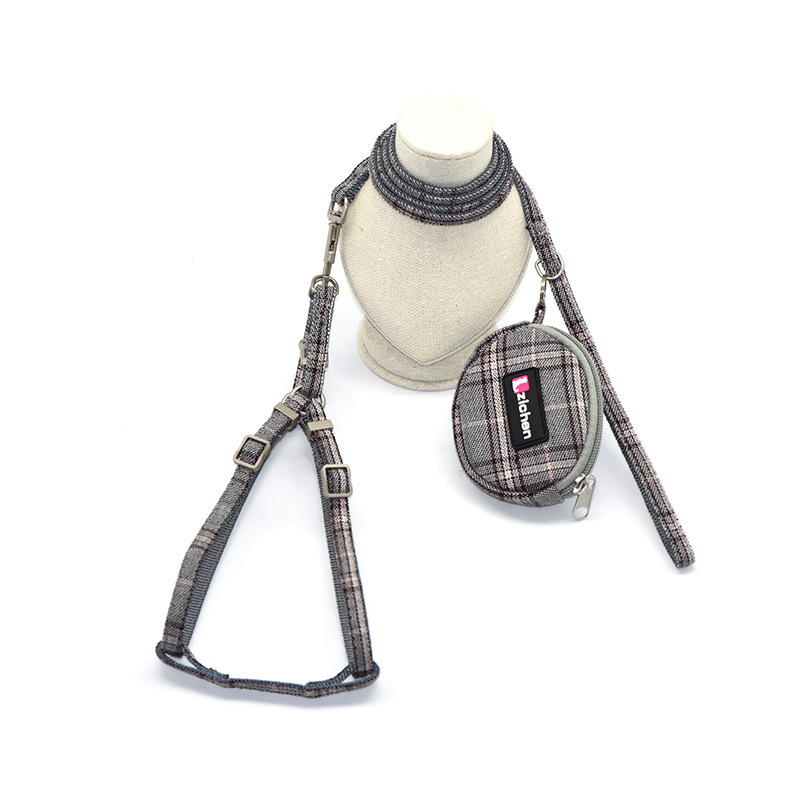 Cotton plaid pet leash collar with snack bag - Image 4
