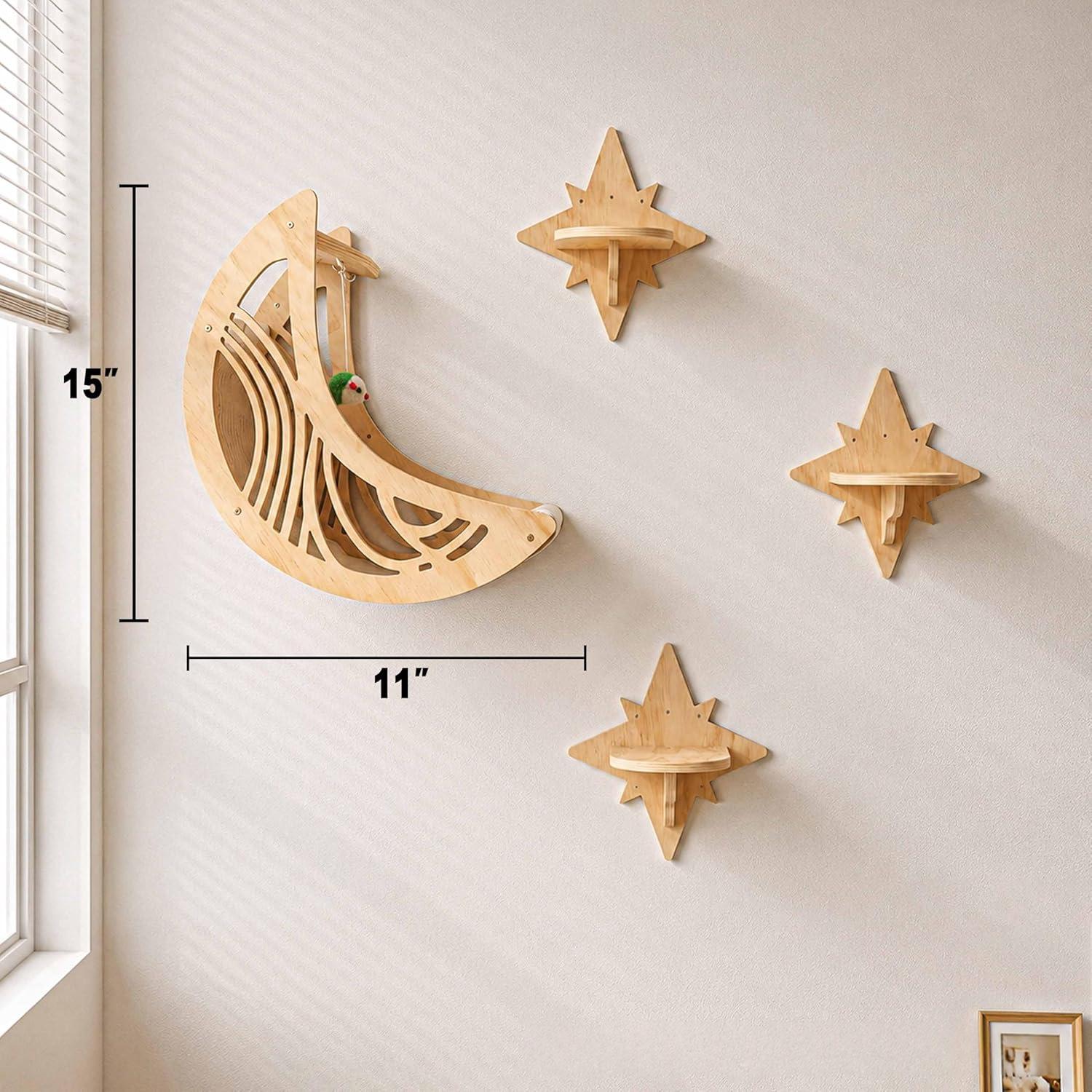 Wooden Star And Moon Hammock Cat Wall Set