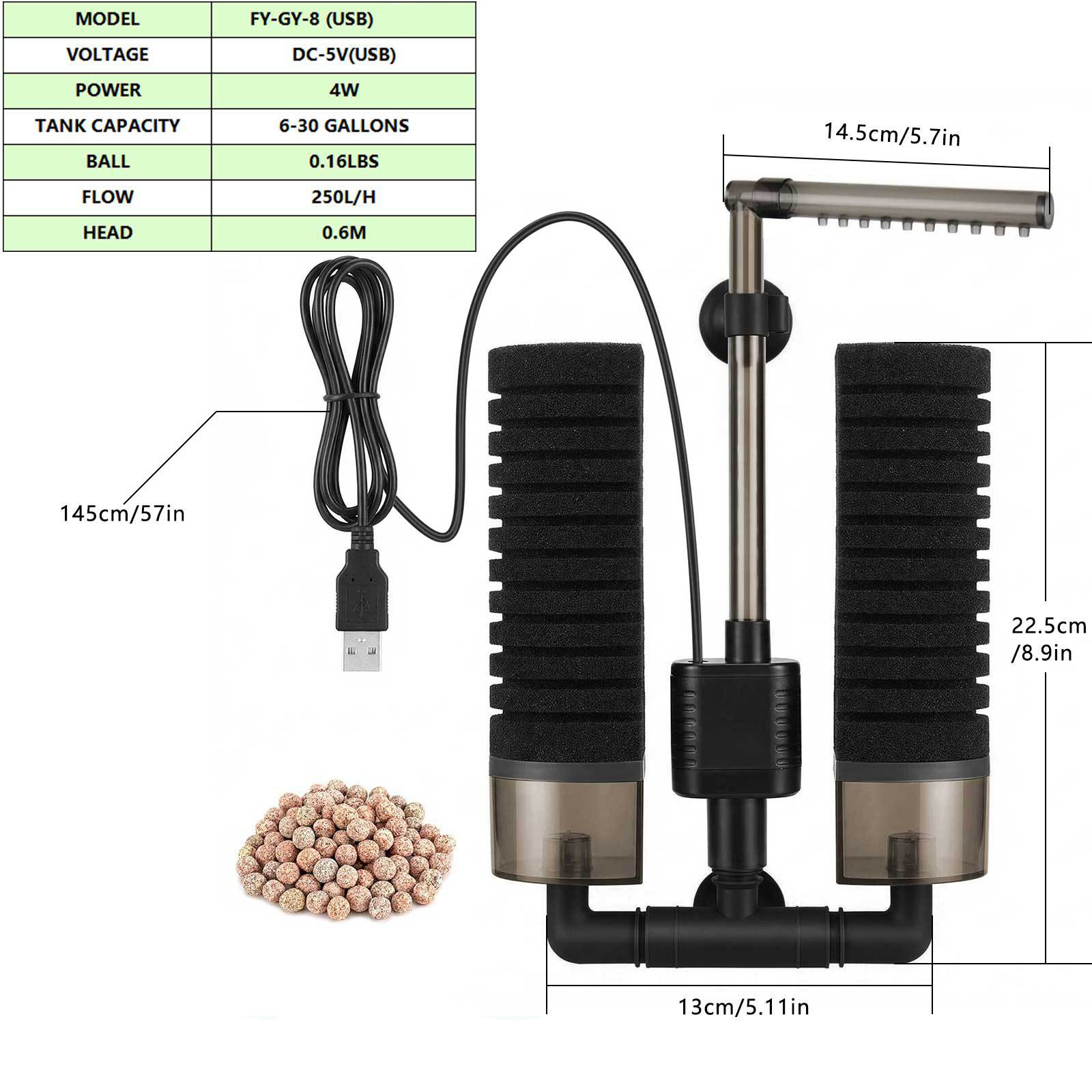 Aquarium USB Filter Sponge Fish Tank Quiet Bubble Filter With 1 Bag Of Filtered Ceramic Balls For Salt Water And Fresh Water - Image 2