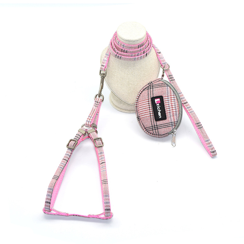 Cotton plaid pet leash collar with snack bag - Image 2
