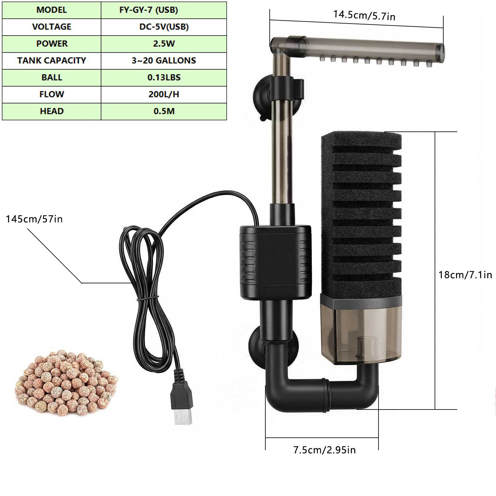Aquarium USB Filter Sponge Fish Tank Quiet Bubble Filter With 1 Bag Of Filtered Ceramic Balls For Salt Water And Fresh Water