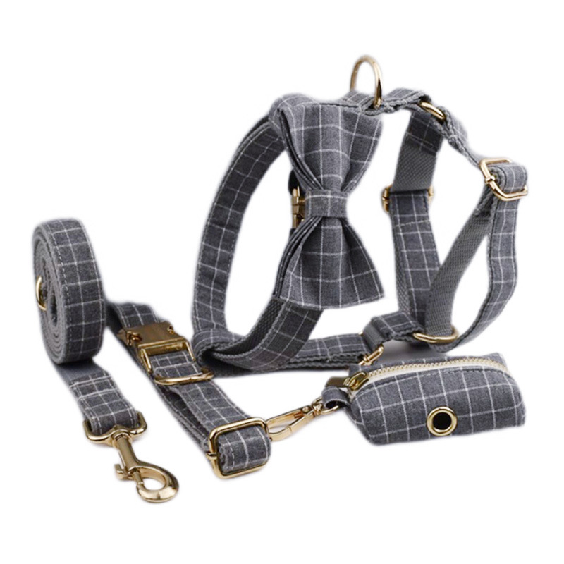 Gray Plaid Flannel Pet Collar Velvet Hand Holding Rope - Image 6