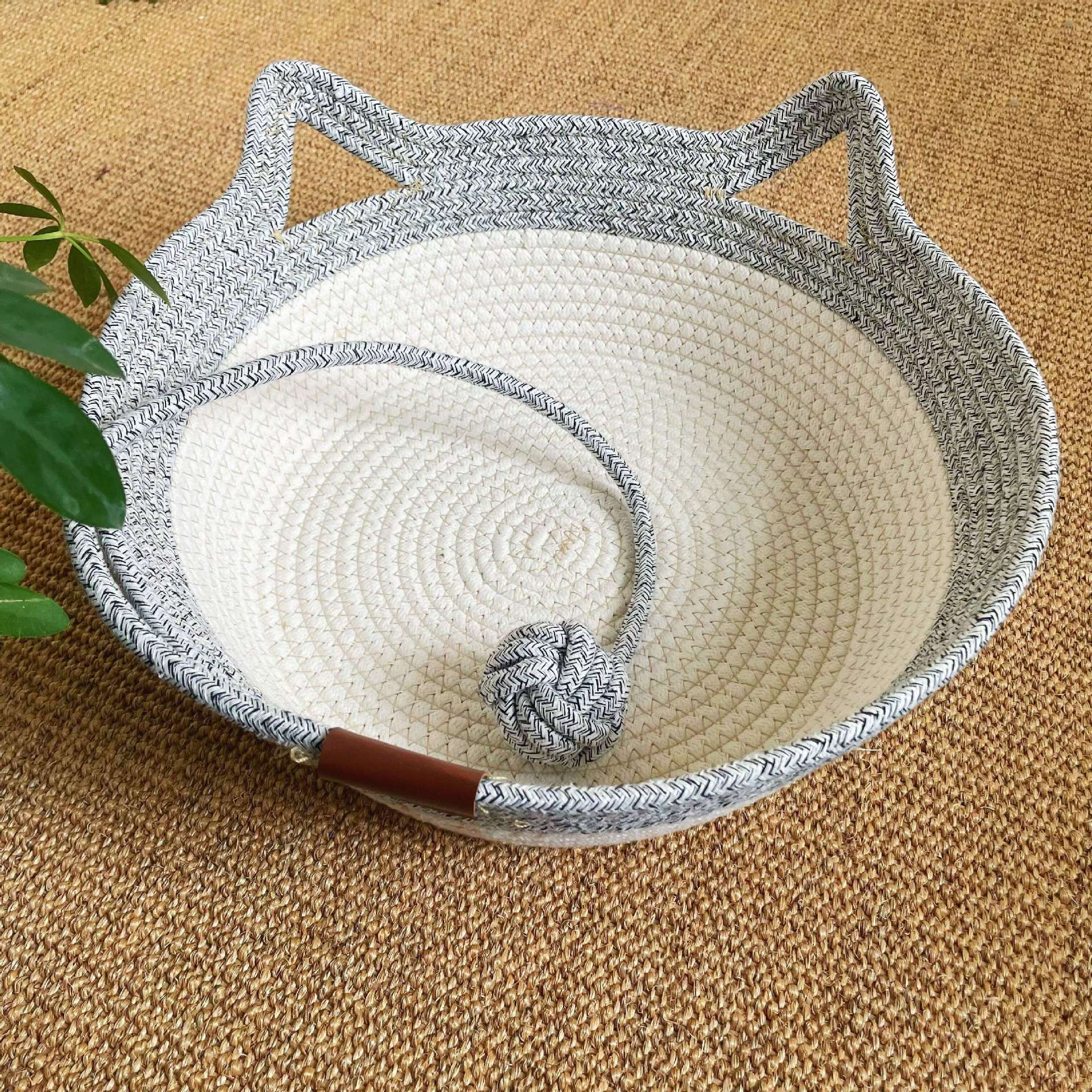 Basket For Cats, 35&40&46cm Stimuli Handwoven Cat Basket Bed With Cat Ear Handles, Cotton Rope Cat Basket Bed Ball Rope, Indoor Use For All Cats